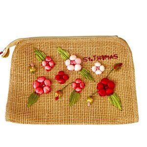 Handmade St. Thomas Floral Straw Raffia Zippered Clutch Purse Embroidered Flower
